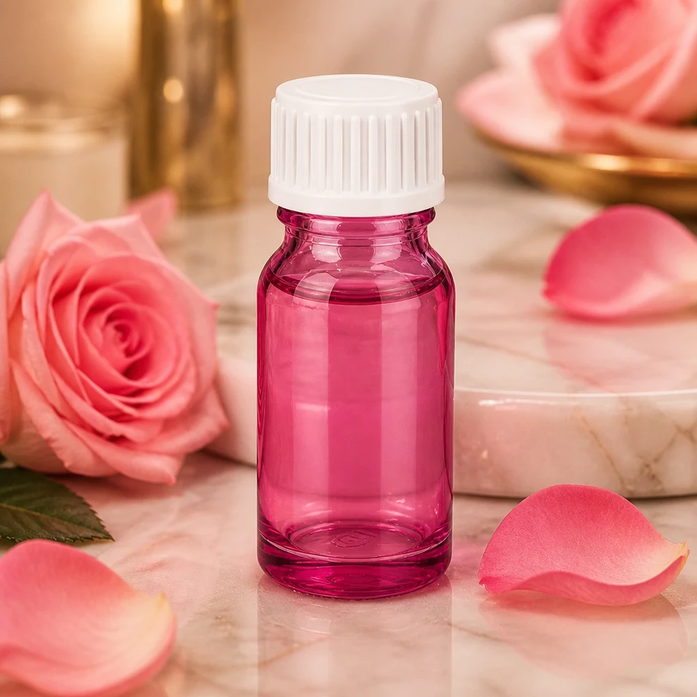 Pyöreä 10ml lasipullo violetilla ja valkoisella langalla, joka sopii täydellisesti hajuvesille ja esansseille.