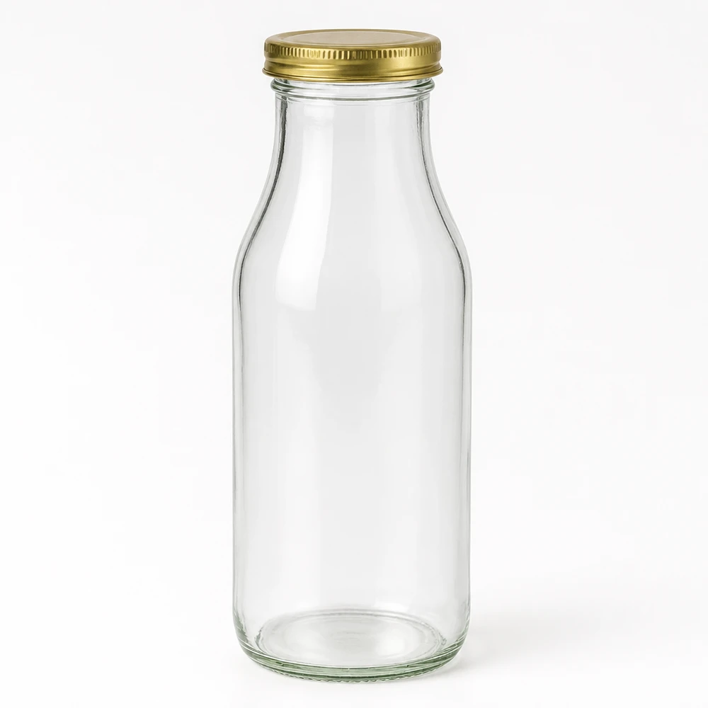 Tyhjä lasipullo UNiTWIST Bottle263, jossa on kultainen kierrekorkki TO43 BioSeal valkoista taustaa vasten.
