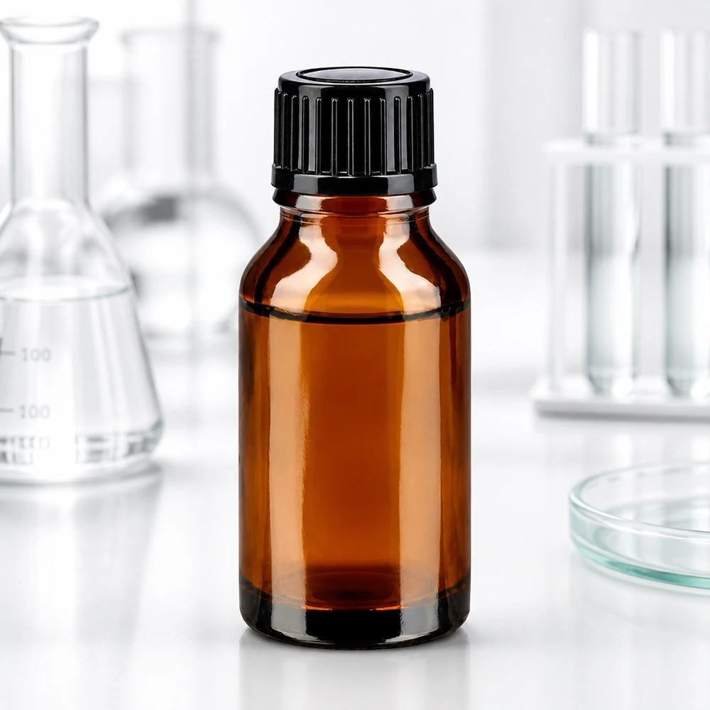 Apteekkipullo ruskea 15ml ruuvikorkki musta standardi 15 ml:n ruskealasinen apteekkipullo, jossa on musta kierrekorkki, laboratoriossa Erlenmeyer-pullojen välissä