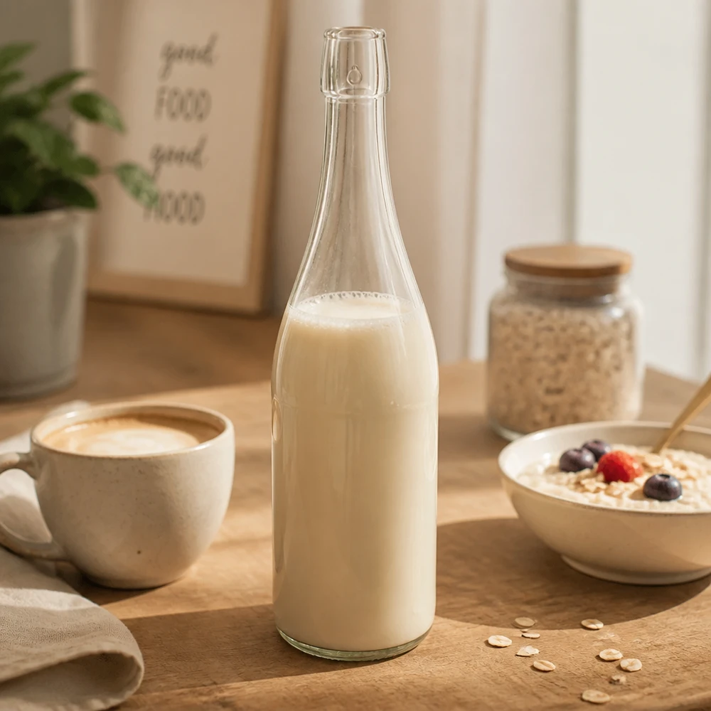 750ml UNiTWIST-lasipullo täynnä kauramaitoa kahvikupin vieressä murokulho aamiaispöydässä elämäntapa kohtaus