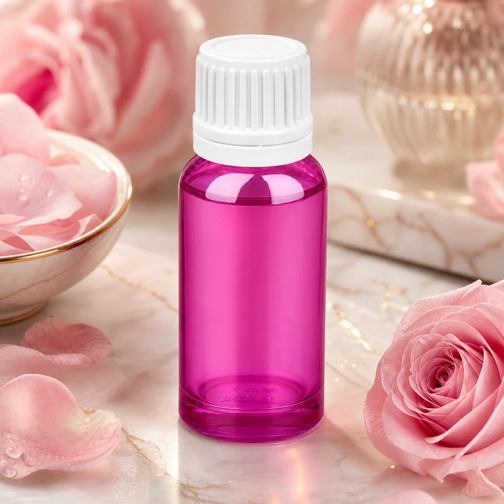 20ml pullo 11mm kierrekorkki valkoinen Originality kierrekorkki PurpleLine UT18/20 Violetti 20ml aromaterapiapullo, jossa on valkoinen tippakorkki vaaleanpunaisten ruusujen ja kosmetiikan välissä.