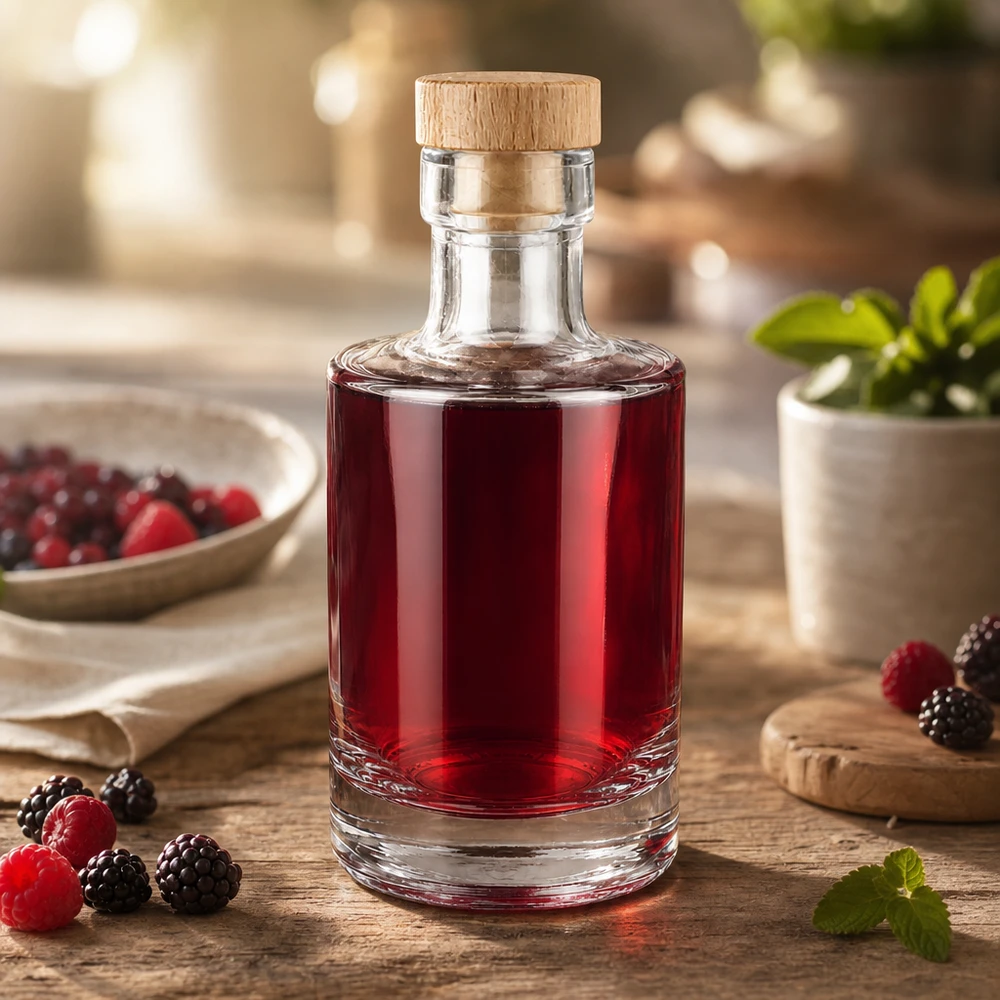 200ml Glasflasche "Marie" mit Holzgriff-Korken UNiTWIST 200ml Glasflasche Marie mit Beerenlikör befüllt, Holzkorken-Verschluss, dekoriert mit Himbeeren und Brombeeren auf Holzt