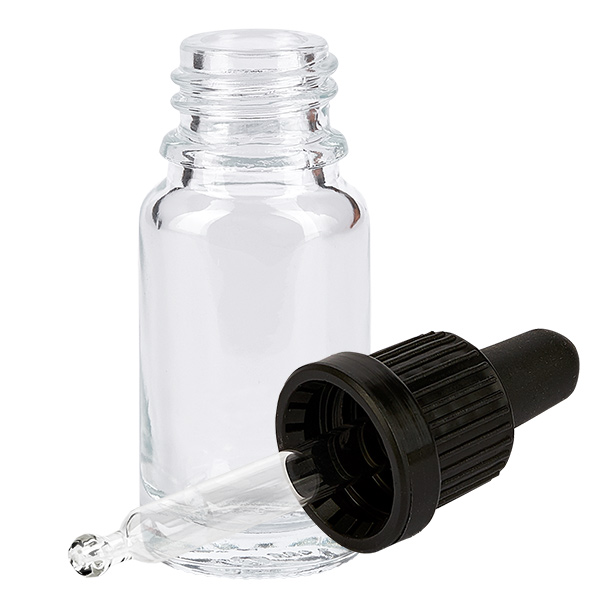 10ml pipettipullo musta peukaloinnin estävä korkki ClearLine UT18/10 Kuva, jossa on pieni 10 ml:n lasipullo, jossa on musta kierrekorkki ja lasipipetti, avattuna