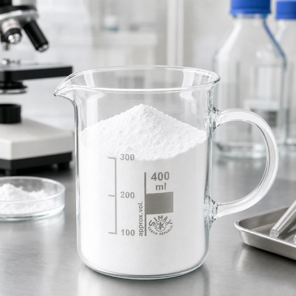400 ml:n kahvallinen koeputki, joka on täytetty valkoisella jauheella, laboratoriopöydällä; borosilikaattilasia