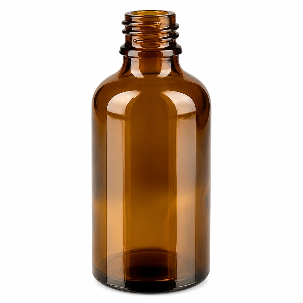 Ruskea lasipullo 50ml, jossa on kierre tippakorkkia varten - täydellinen valolle herkille nesteille.