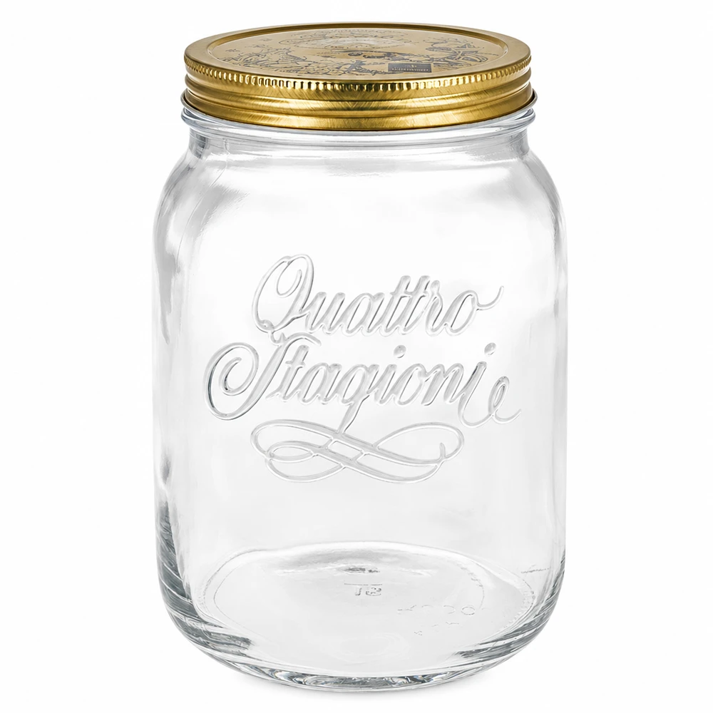 2000ml pyöreä purkki "Quattro Stagioni" kannella. 2000ml Quattro Stagioni pyöreä purkki kultaisella ruuvikannella - kirkas lasinen säilöntätölkki säilöntään.