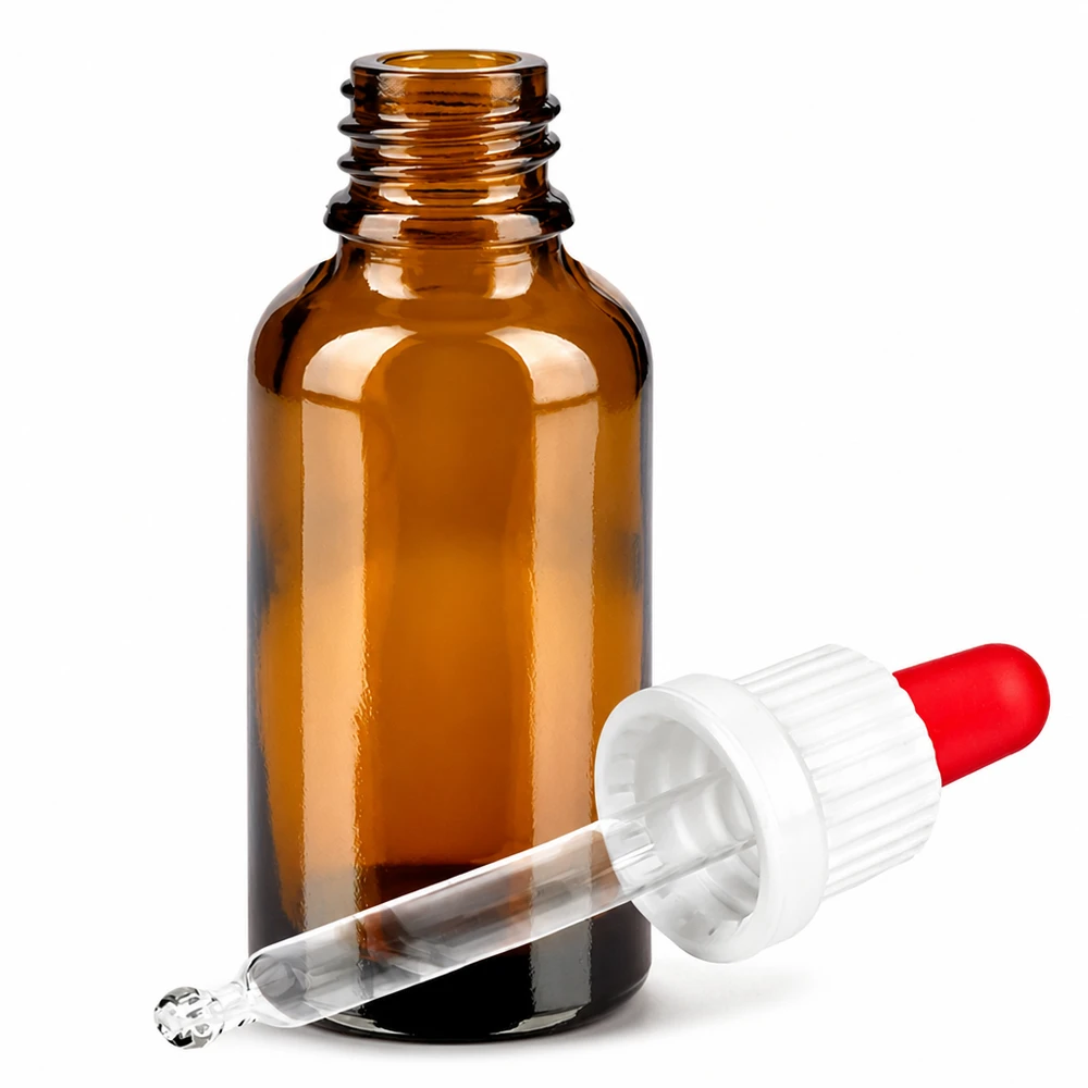 Ruskea lasipullo 30ml tippapipetillä eteerisille öljyille ja seerumeille - UV-suojaus tumman lasin läpi.