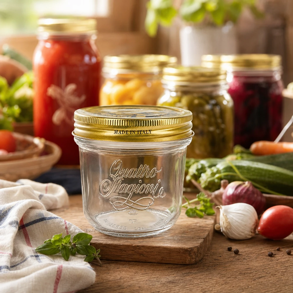 200ml "Quattro Stagioni" -mukit, joissa on kansi. Quattro Stagioni 200ml muurinpohjapurkki, jossa on kultainen kansi, puulauta, jota ympäröivät säilöntätölkit ja tuoreet vihannekset.