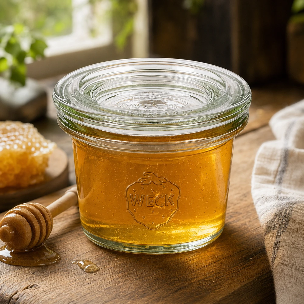 35ml lasikannelliset juomapullot WECK RR40 WECK 35ml RR40-purkki täynnä hunajaa puisella laudalla, jossa on hunajalusikka ja hunajakenno luonnollisessa ympäristössä.