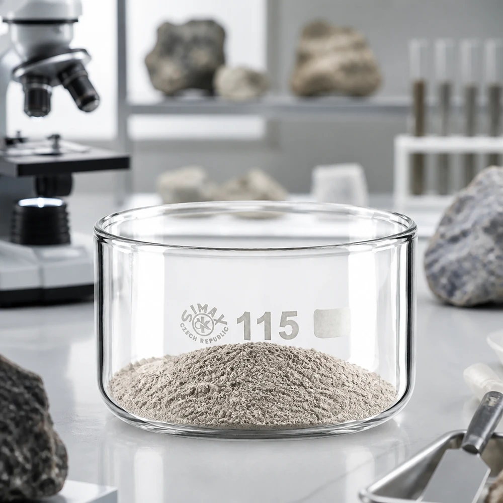 SIMAX-kiteytysastia 500 ml, jossa on harmaata mineraalijauhetta, valkoisella laboratoriotyötasolla