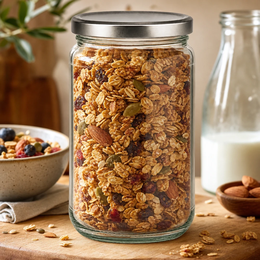 305ml pyöreä purkki, jossa on BasicSeal-kansi, hopea, täynnä mysliä ja pähkinöitä säilytyspurkkina luonnonmukaisessa keittiössä.