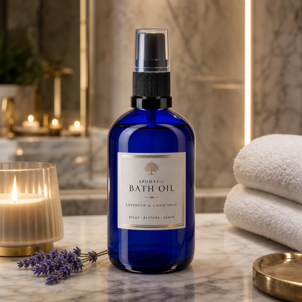 Sininen 100 ml:n apteekkilasinen suihkepullo, jossa on Aromatic Bath Oil -etiketti marmoritaustalla