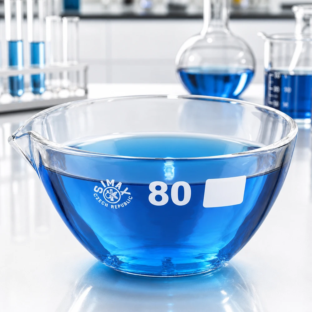 90ml höyrystin, jossa on nokka borosilikaatti ø80mm Kompakti 80 mm:n borsilikaattilasinen haihdutusastia, jossa on suulake tehokkaita laboratorioprosesseja varten.