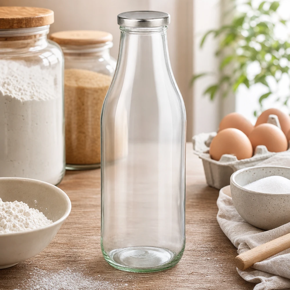 1000ml lasipullo + BasicSeal kansi hopea UNiTWIST Glasflasche 1000ml in stilvoller Küchenumgebung mit Backzutaten und Dekoration für den täglichen Gebrauch