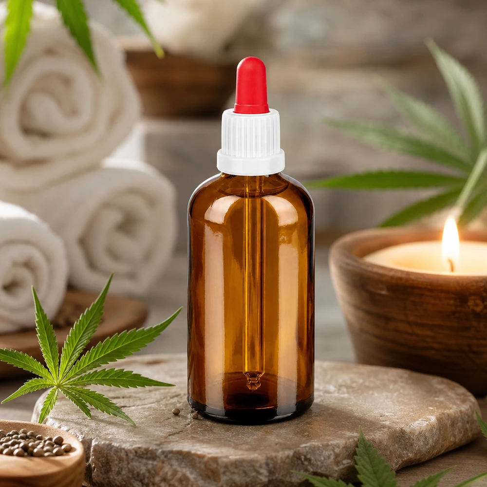 100ml apteekkipullo meripihkanväristä lasia valkoisella korkilla valolle herkille aineille.