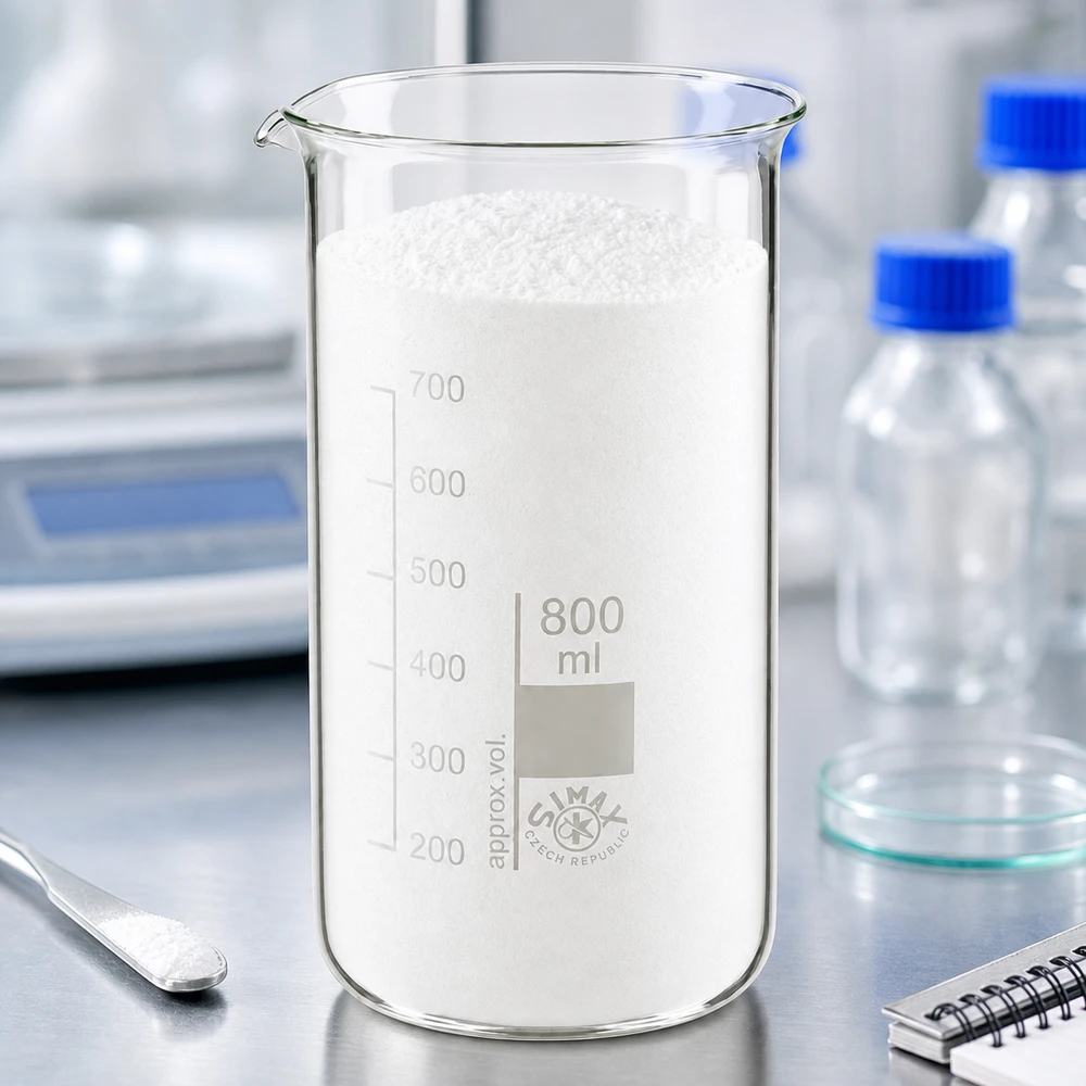 Juomalasi 800ml borosilikaattilasista, korkea muoto 800 ml:n korkea koeputki, joka on täytetty valkoisella jauheella, laboratoriovaa’alla, SIMAX-ruostumattomasta teräksestä valmistettu pöytä