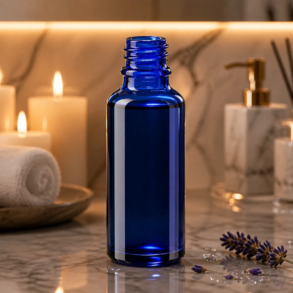 Sininen 30 ml:n ApoGlas-lasipullo marmoripohjalla, laventelia ja kynttilöitä spa-tunnelmassa