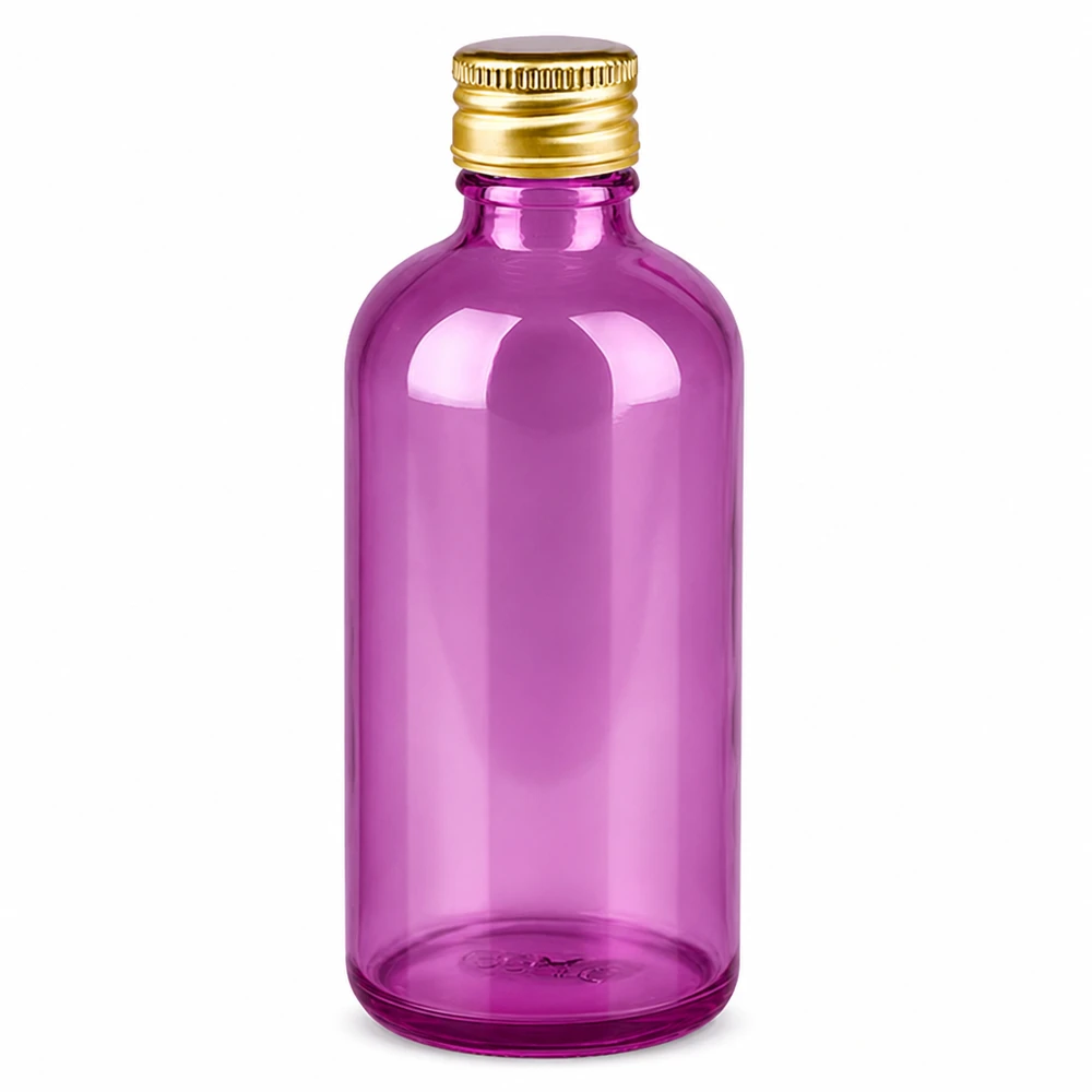 100ml kirkkaan violetti lasipullo, jossa on kultainen alumiinikorkki kosmetiikkaan ja farmaseuttisiin tuotteisiin.