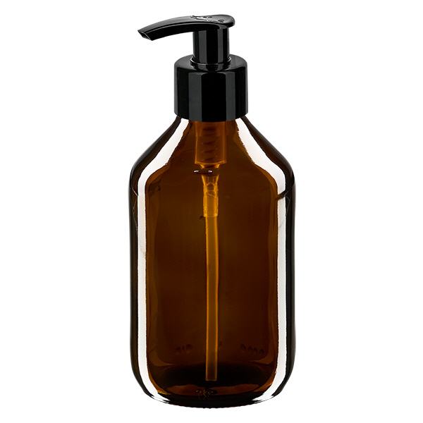 250ml lääkepullo ruskea, jossa annostelupumppu musta ApoGlas 250ml lääkepullo ruskea, jossa annostelupumppu musta ApoGlas