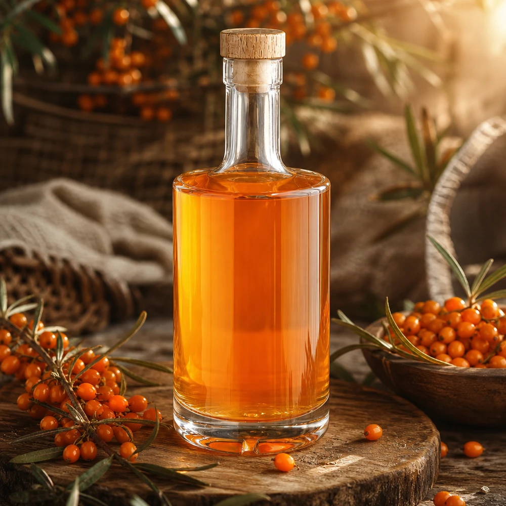 500ml Glasflasche "Passion" mit Holzgriffkorken UNiTWIST® 500ml lasipullo Nora tyrniliköörillä oranssi puukorkki UNiTWIST maalaismainen esittely puulauta marjat