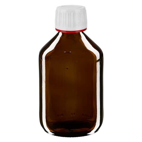300ml lääkepullo ruskea, korkki valkoinen, jossa peukalointi-ilmoitusrengas punainen ApoGlas