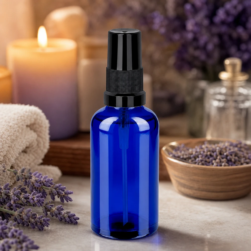 Kompakti 50 ml:n suihkepullo tyylikkäässä sinisessä värissä ja ergonomisella suihkupäällä, joka helpottaa käsittelyä.