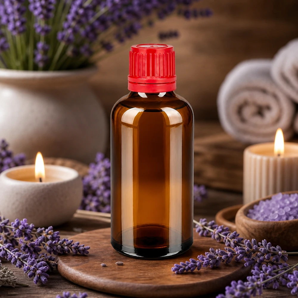 Pieni 50ml lasipullo, jossa punainen korkki, ihanteellinen aromaterapia- ja kosmetiikkatuotteille.