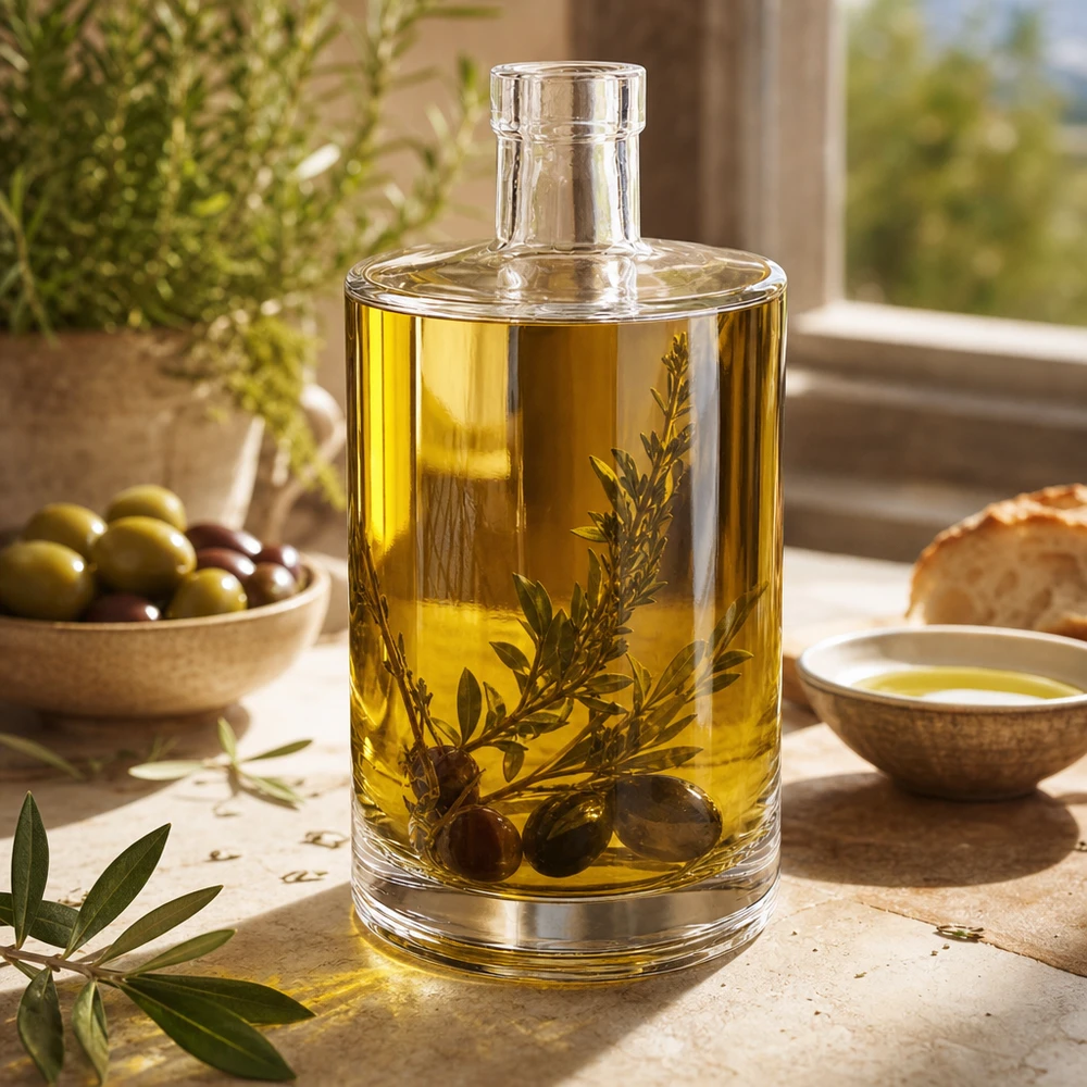 700ml Glasflasche "Galileo" ohne Verschluss UNiTWIST® 700ml Glasflasche Marie mit Olivenöl und Kräutern befüllt auf mediterranem Tisch neben Oliven und Brot