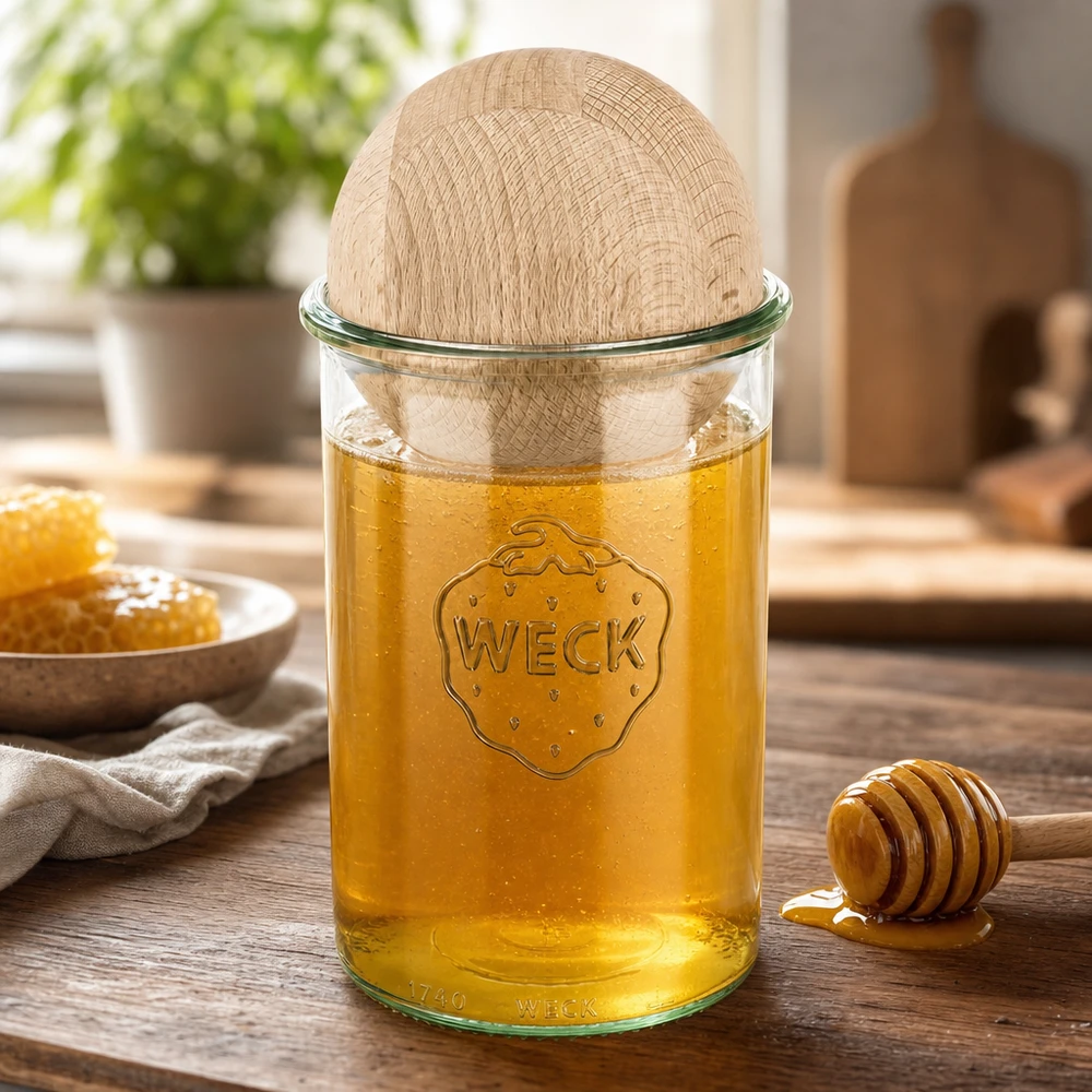 1000 ml:n juomalasit WECK RR100, jossa on puupallo pyökkiä. WECK-maljat 1000ml täynnä hunajaa ja pyökkipallokansi, hunajalusikka ja hunajakenno puupöydällä luonnonmukaisessa keittiössä.