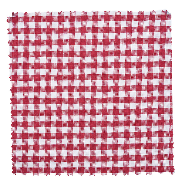 Kankainen korusuojus bordeaux-kuvioinen 12cm neliö 12cm neliö Bordeaux-valkoinen ruudullinen kangaskuvio 12cm korusilppurista lähikuvassa, jossa on gingham-kuvio.