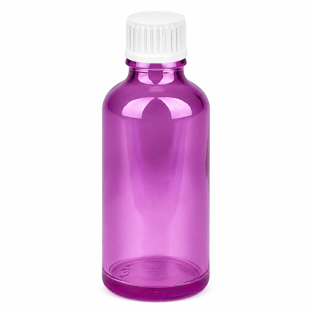 50ml tippapullo violetti läpinäkyvä valkoinen korkki tarkkaa annostelua varten.