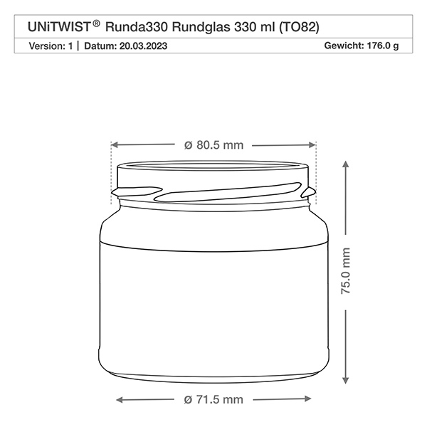 330ml pyöreä purkki ilman kantta (TO82) UNiTWIST UNiTWIST Runda330 pyöreä lasi 330ml TO82 tekninen piirustus mitat halkaisija 71.5mm korkeus 75mm paino 176g