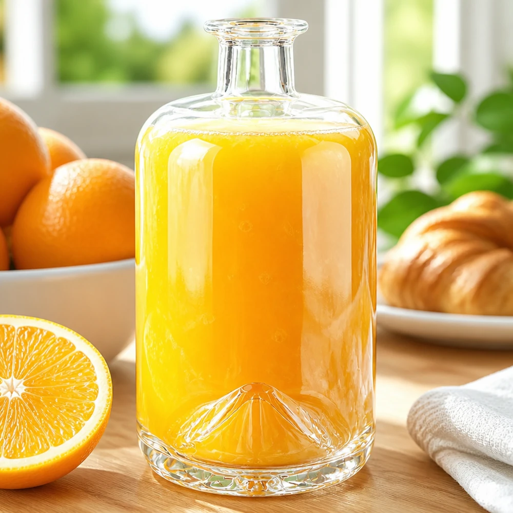 700ml Sofia-lasipullo täynnä appelsiinimehua tuoreiden appelsiinien ja croissanttien vieressä aurinkoisessa aamiaiskuvassa.