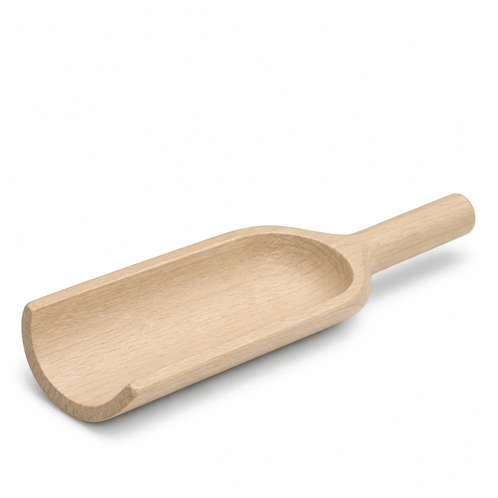 Puinen lapio L 18cm litteä sivukuva näyttää ergonomisen kahvan ja lapion terän, joka on valmistettu luonnonpuusta.