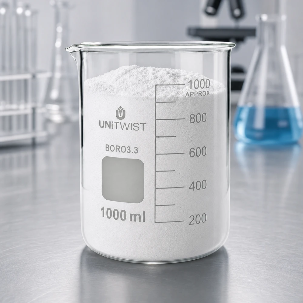 Lasi 1000ml borosilikaatti, matala muotti UNiTWIST UNiTWIST-lasikulho, 1000 ml, borosilikaattia, matala malli, täytetty valkoisella jauheella laboratoriossa