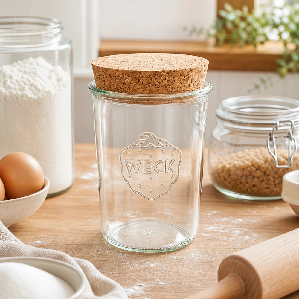 WECK tumblers 850ml RR100 luonnonkorkilla keittiön työtasolla jauhojen, munien ja leivontavälineiden välissä Keittiön kohtaus