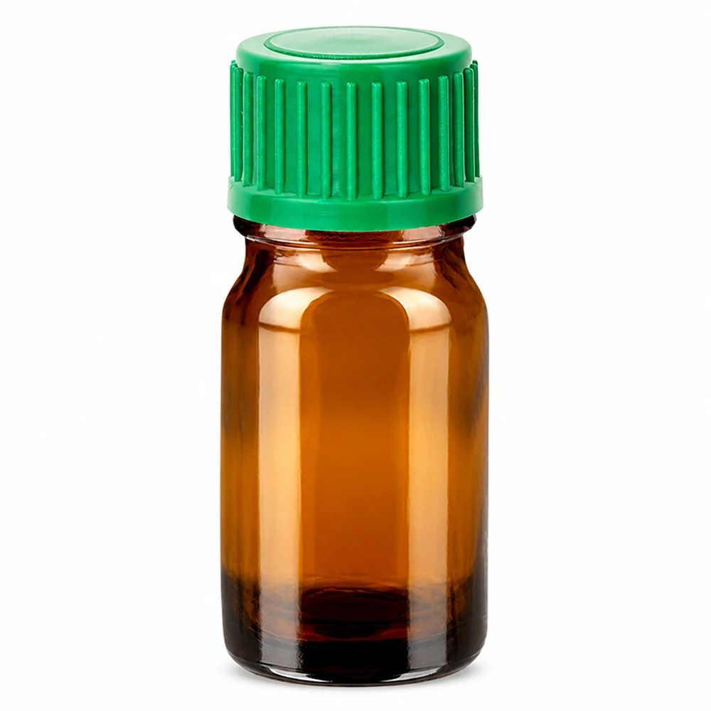5ml tippapullo ruskea, jossa vihreä korkki nesteiden tarkkaan annosteluun.