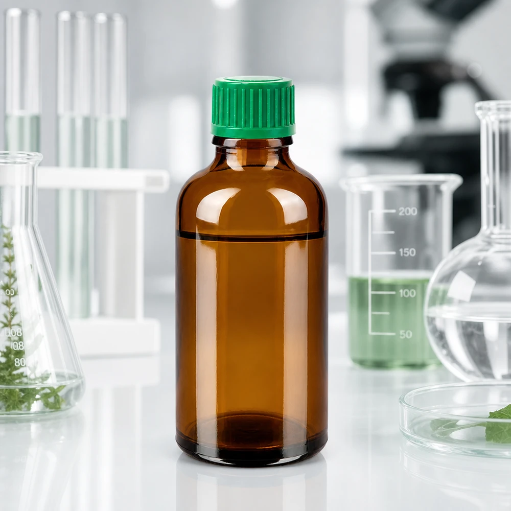 50ml laboratoriopullo ruskea, jossa on tippakorkki tieteellisiin sovelluksiin ja kokeisiin.