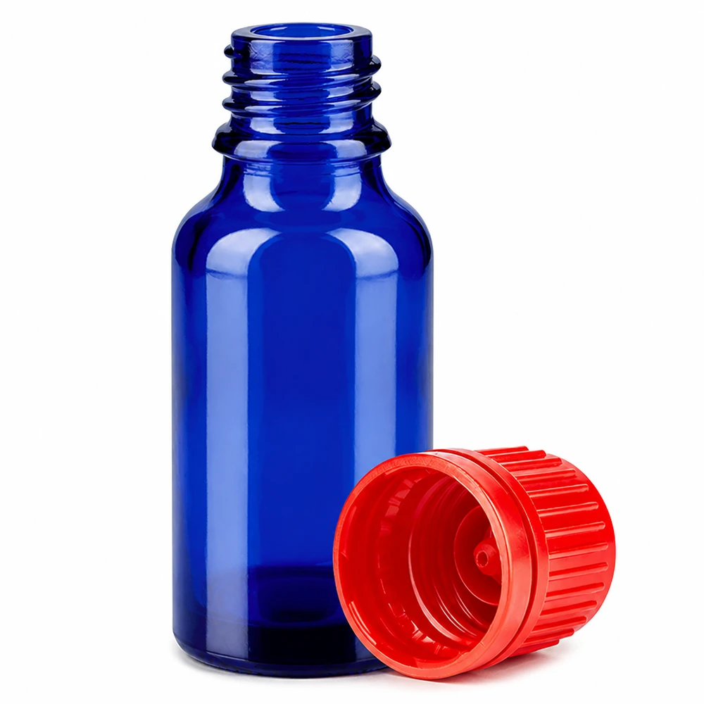 20 ml sininen lasipullo 11 mm:n kierteellä ja punaisella korkilla laboratoriosovelluksia varten