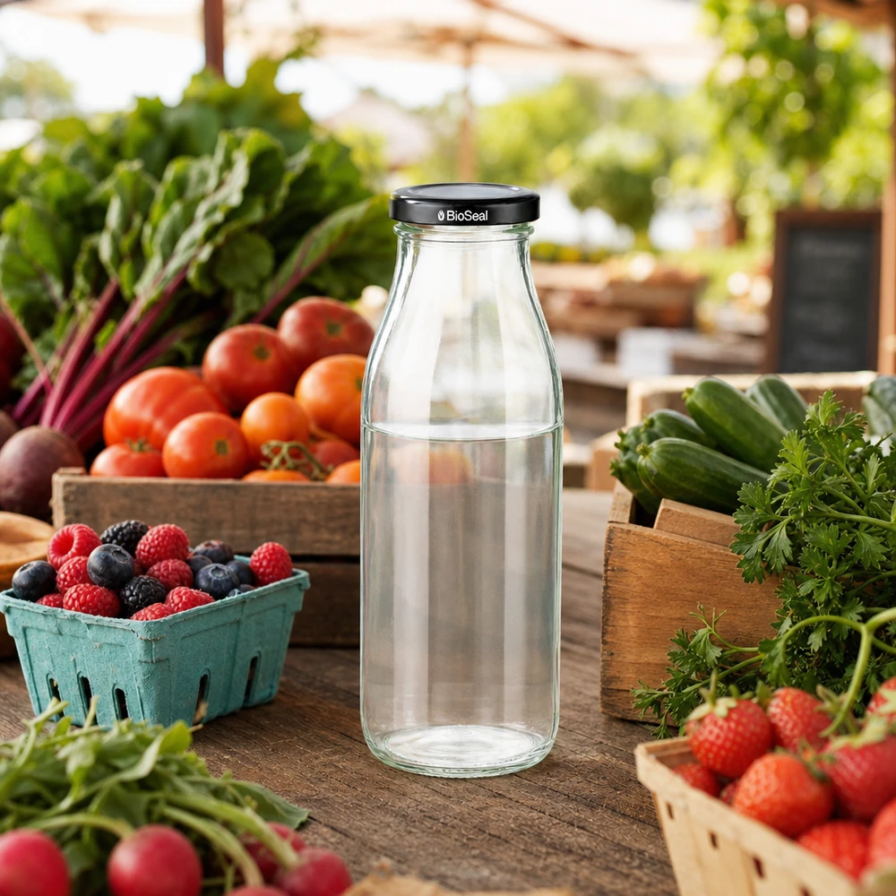 500ml lasipullo + BioSeal-korkki musta UNiTWIST 500ml Glasflasche mit BioSeal Deckel zwischen frischem Marktgemüse Beeren und Kräutern in natürlicher Umgebung