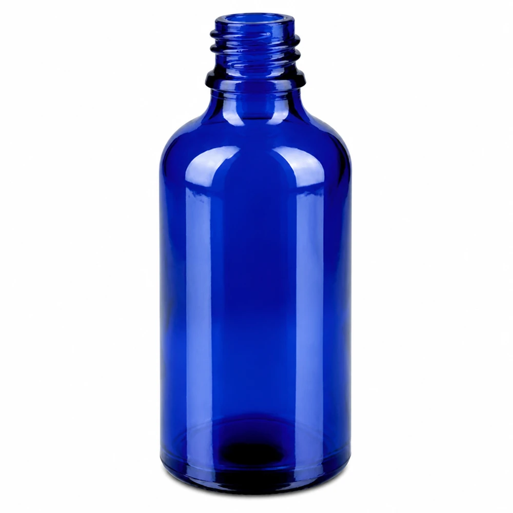 50ml suihkepullo keltainen/läpinäkyvä vakiokorkki BlueLine UT18/50 Sininen 50ml lasipullo, jossa on ruuvikierre ruiskupäälle - ihanteellinen kosmetiikkaan ja aromaterapiaan.