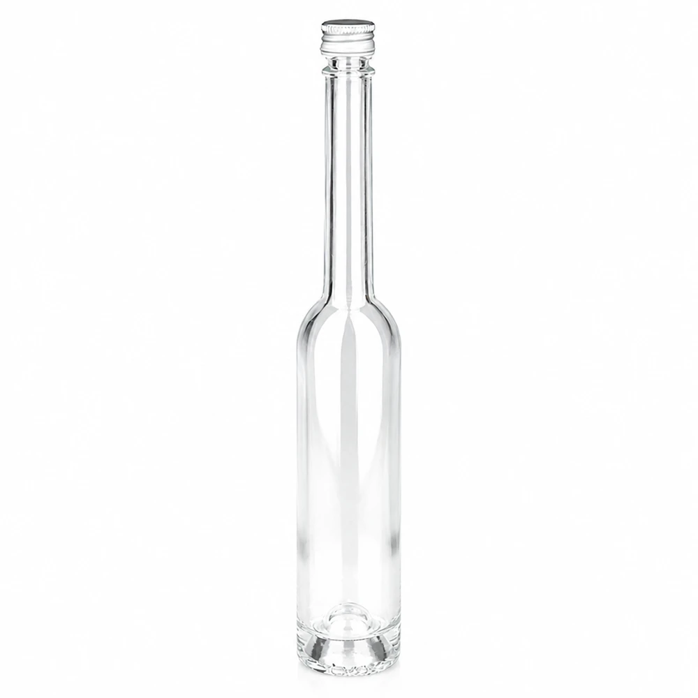 100ml Glasflasche "Toni" + Schraubverschluss silber UNiTWIS 100ml lasipullo Toni kierrekorkilla hopea UNiTWIS väkeville alkoholijuomille ja öljyille.