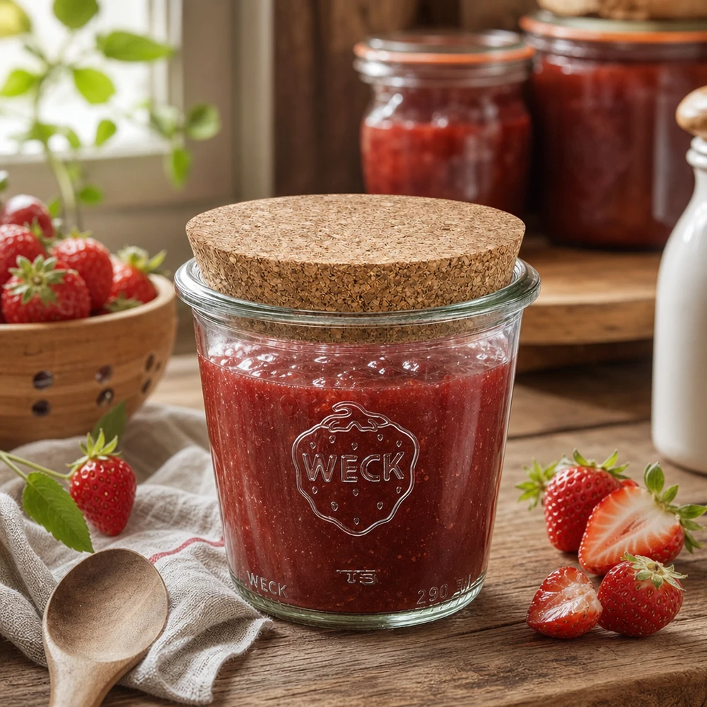 290ml korkeat juomapullot WECK RR80 korkilla luonnonmukainen WECK säilöntätölkki 290ml korkkikannella täytetty mansikkahillolla maalaismaisessa keittiössä tuoreiden mansikoiden kanssa.