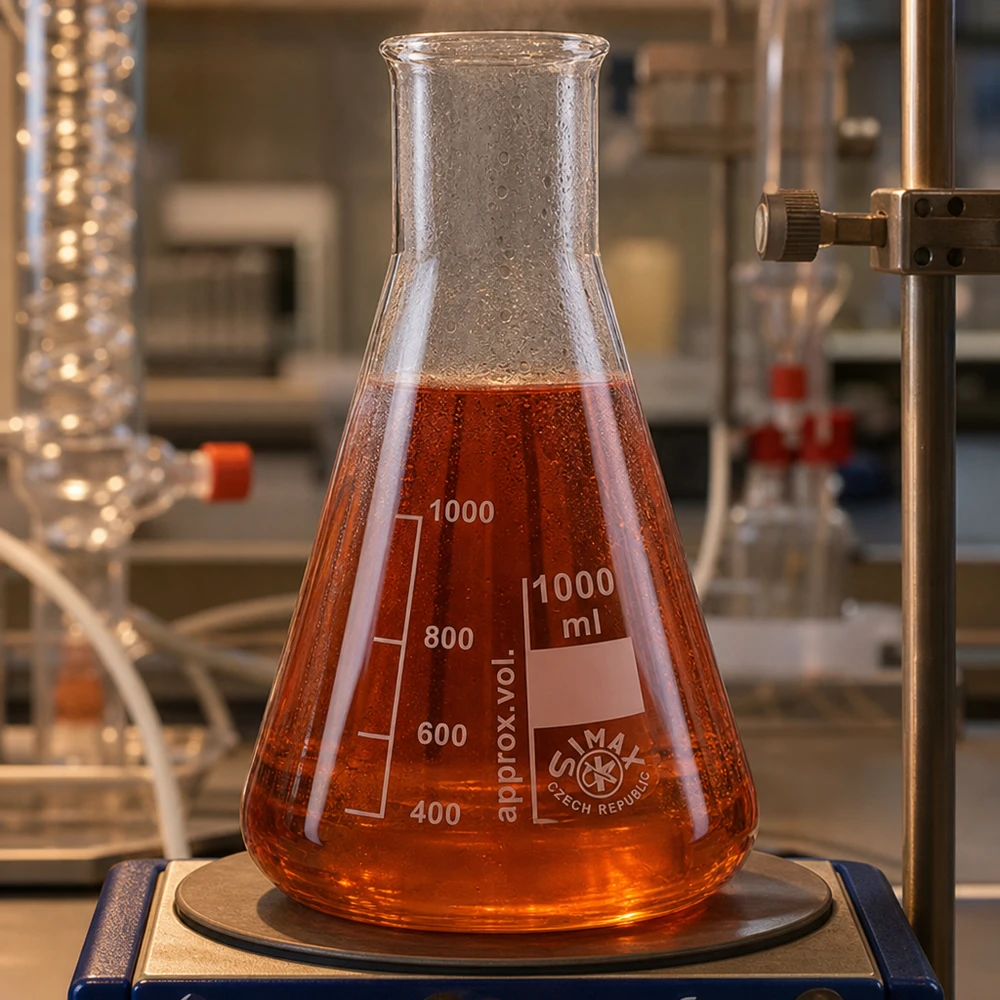 Erlenmeyer-pullo 100ml leveä kaula, jossa on punainen kemikaali laboratoriovaaka kvantitatiivista analyysia varten.