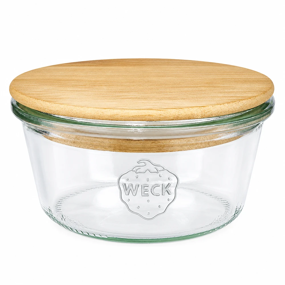 WECK tumblers 290ml matala RR100, jossa pyöreä puukansi bambusta, säilöntätölkki, jossa on WECK-logo valkoisella pohjalla.