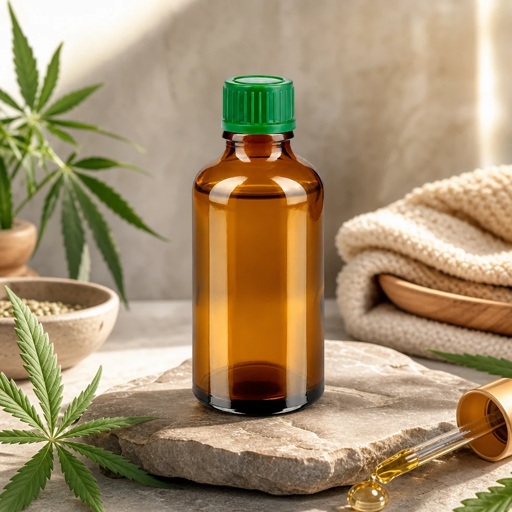 Pienikokoinen 50ml tippapullo ruskea, jossa on vihreä korkki uutteiden tarkkaa annostelua varten.