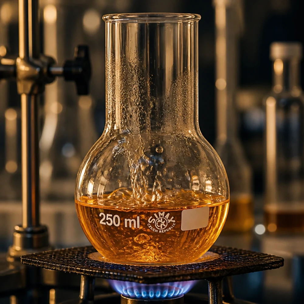 Lantiopullo 250ml leveä kaula 250 ml:n pystypullo, jossa on kullanväristä nestettä polttimella tislausprosesseja varten laboratoriossa.