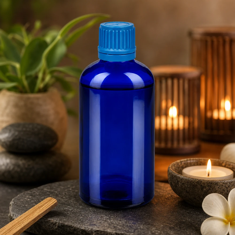 Ammattikäyttöön tarkoitettu 100ml BlueLine-pullo UT18-kierteellä eteerisille öljyille ja wellness-tuotteille.
