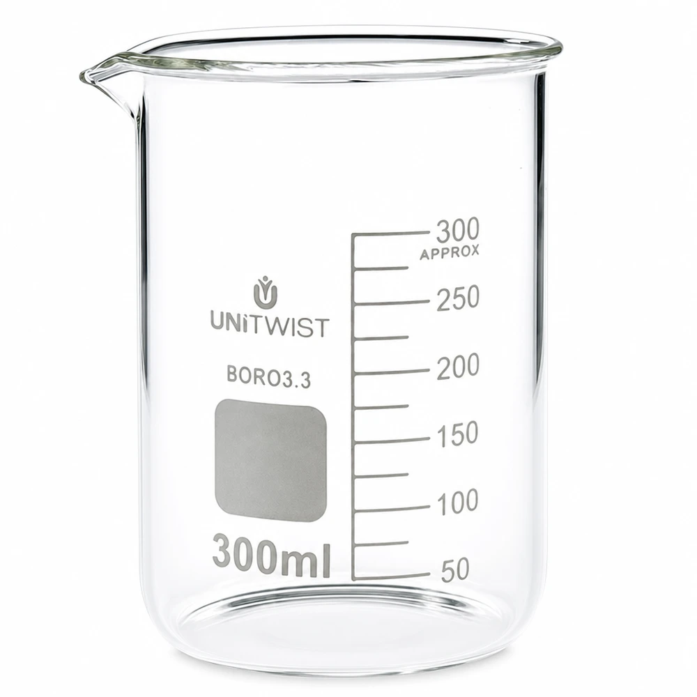 UNiTWISTin matalaprofiilinen 300 ml:n borosilikaattilasi valkoisella taustalla