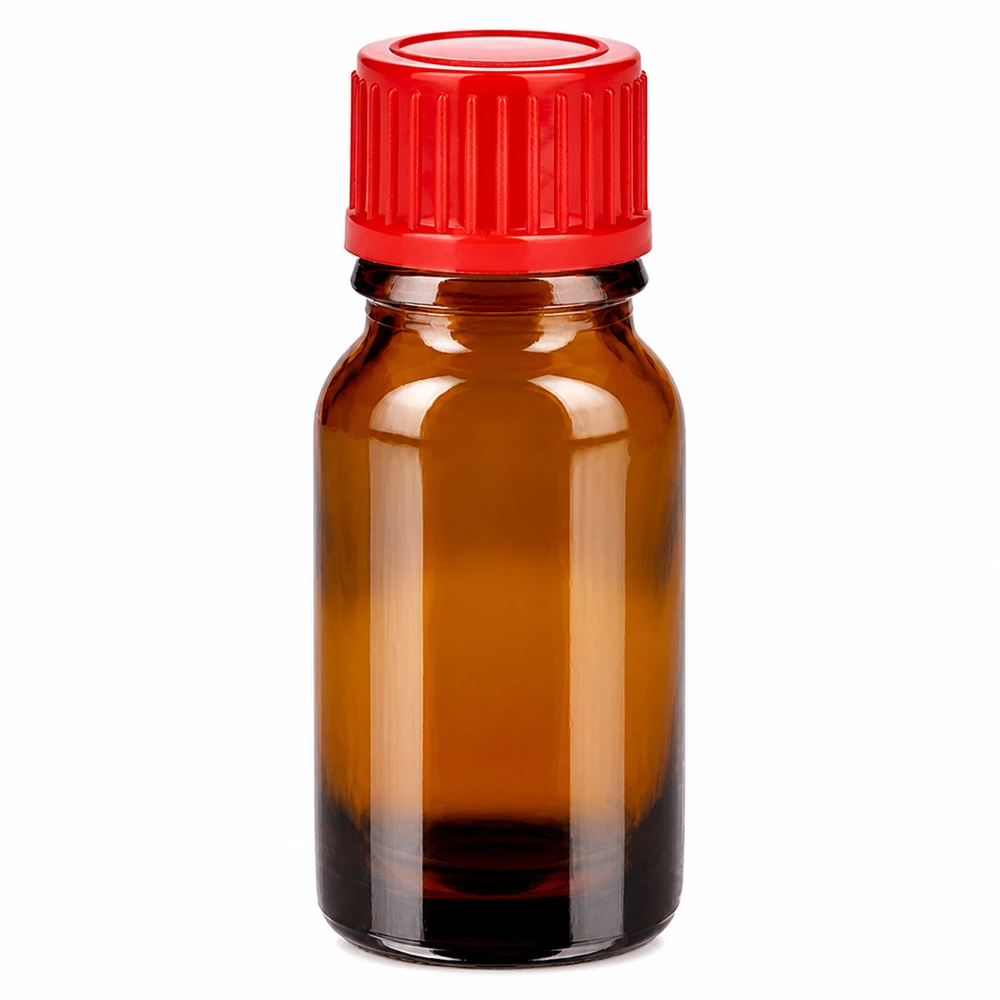 10ml pullo 11mm kierrekorkki punainen Standard BrownLine UT18/10 Standard BrownLine UT18/10 10ml meripihkanvärinen lasipullo punaisella kierrekorkilla eteerisille öljyille ja lääkkeille.